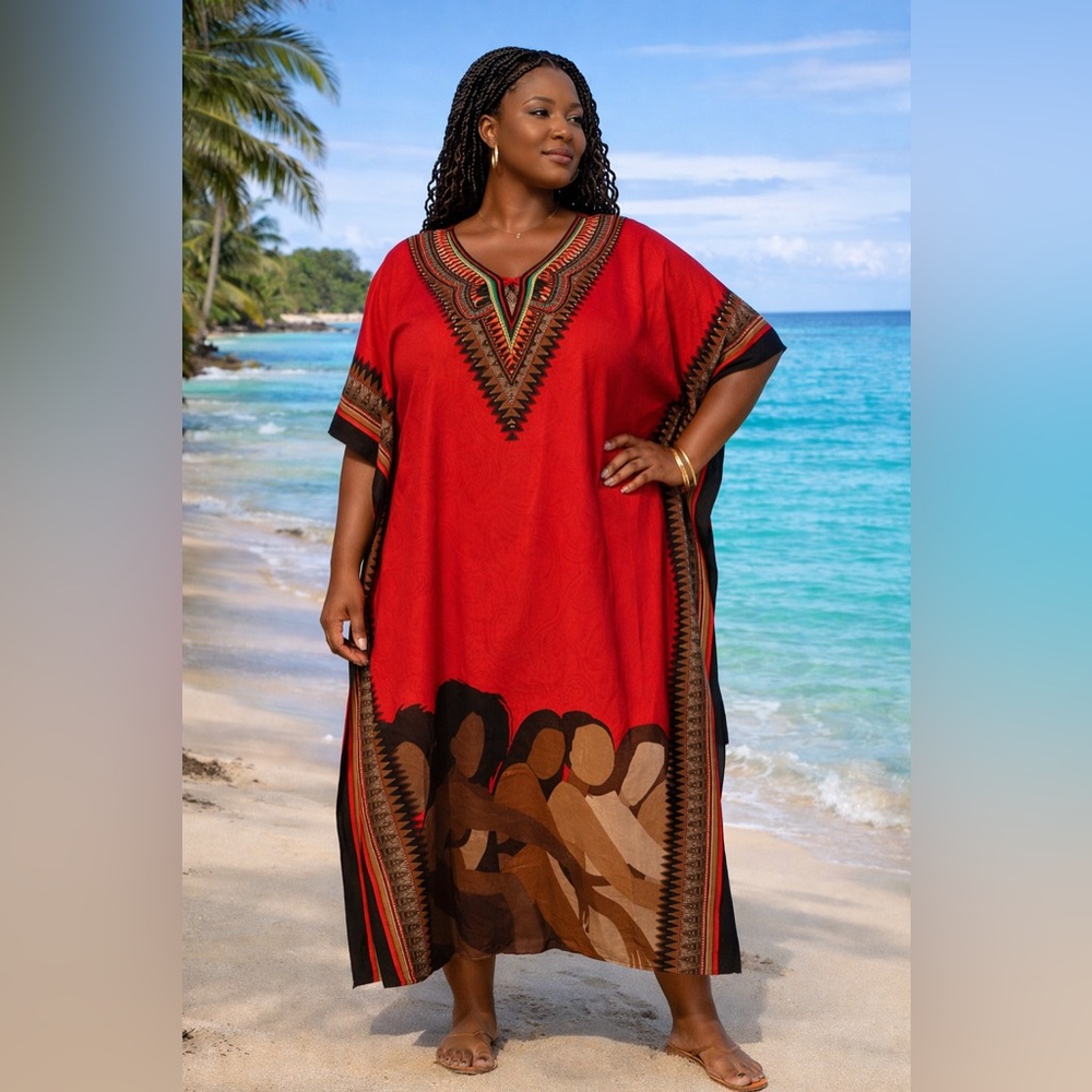 Red Dashiki Kaftan Maxi Dress African Print Muumuu Boho Resort One Size